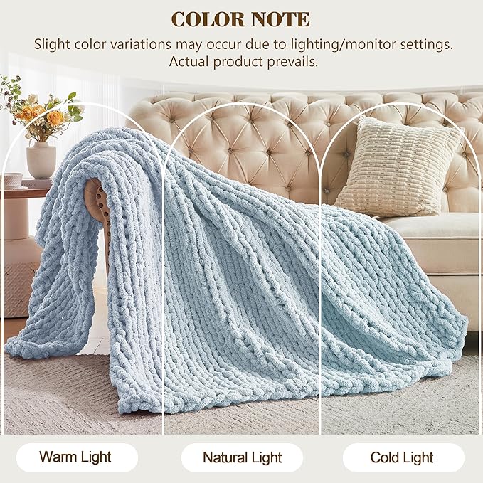 Carriediosa Chunky Knit Throw Blanket 50" X 60", 100% Hand Made Large Chenille Loop Yarn Soft Fluffy Throws for Couch Sofa Bed, Big Crochet Cozy Heavy Thick Cable Woven Blanket, Light Blue-Ruum Studio Home