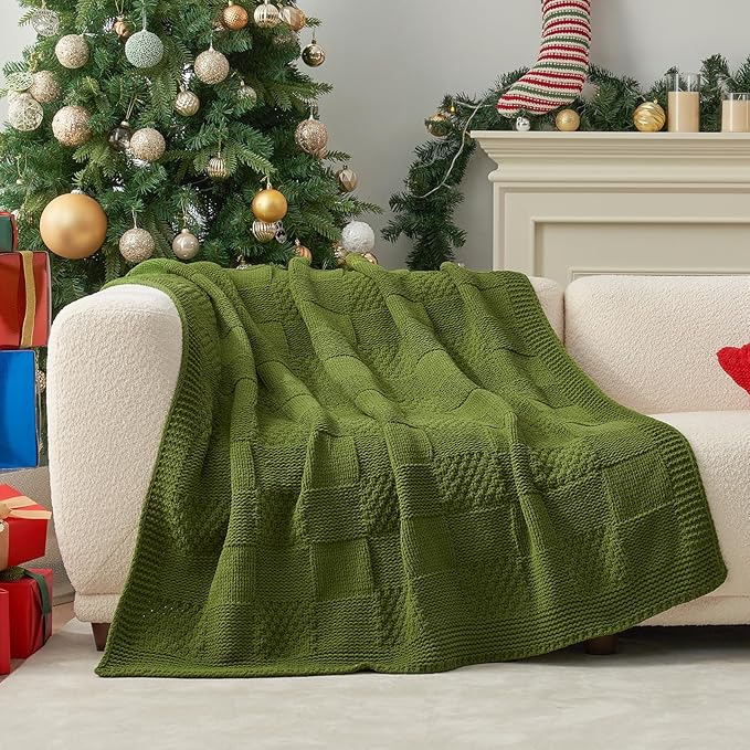 Amélie Home Chenille Knit Throw Blanket for Couch, Checkered Texture Decorative Soft Blanket for Sofa, Bed & Living Room, 50"x60", Olive Green-Ruum Studio Home