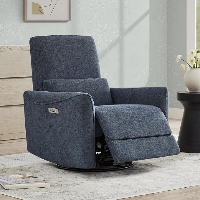 CHITA Power Recliner Chair Swivel Glider, FSC Certified Upholstered Fabric Living Room Nursery Reclining Sofa Chair with Lumbar Support, Ink Blue-Ruum Studio Home