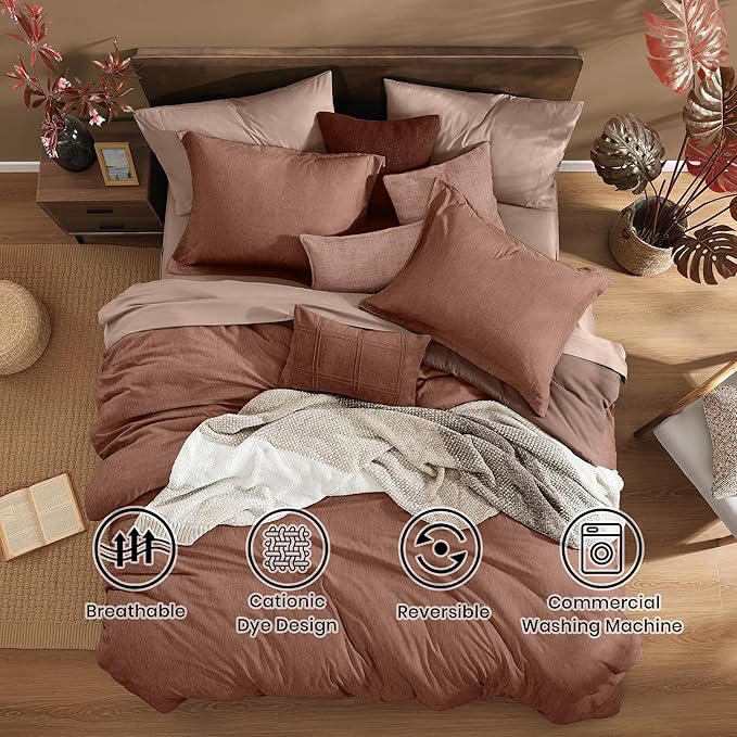 Monbix King Size Comforter Set, Terracotta King Size Bed Set Reversible, King Comforter Set 7 Pieces, Cationic Dyeing Bed in a Bag with Comforter, Sheets, Pillowcases & Shams-Ruum Studio Home