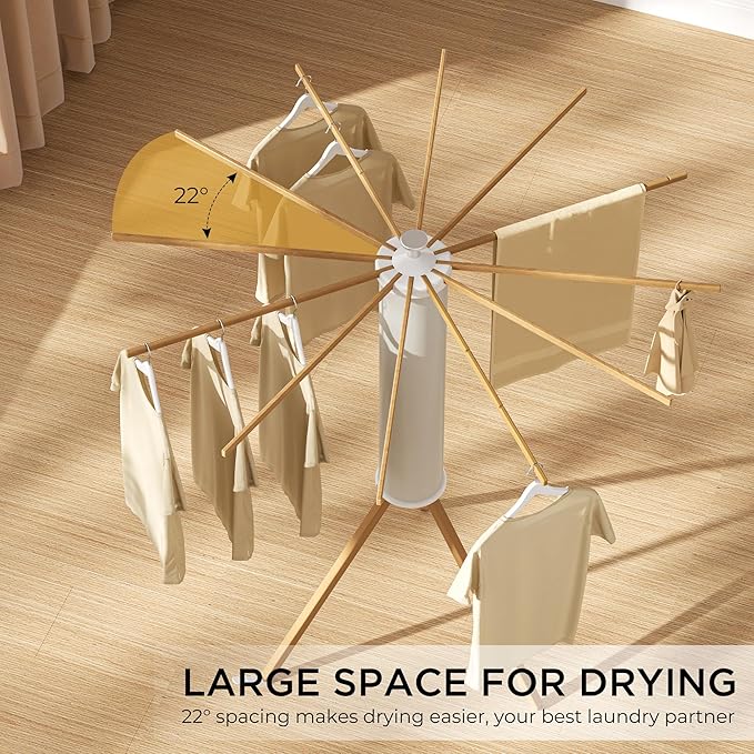 Tripod Clothes Drying Rack, Garment Rack Portable and Foldable Space Saving Laundry Drying Rack - Dryer Rack Clothing Floor Folding Balcony Bedroom Household (Beige(Wood), 12 rods)-Ruum Studio Home