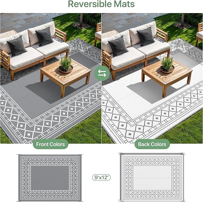 GENIMO Outdoor Rug Waterproof for Patio, 9'x12' Reversible Plastic Straw Outdoor Carpet, Camping Outside Mat for Outdoor Decor, RV, Deck, Camper, Balcony, Picnic, Grey & White-Ruum Studio Home