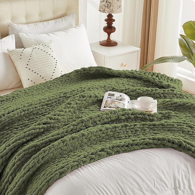 Carriediosa Chunky Knit Throw Blanket 60" X 80" Twin, 100% Hand Made Large Chenille Loop Yarn Soft Fluffy Throws for Couch Sofa Bed, Big Crochet Cozy Heavy Thick Cable Woven Blankets, Olive Green-Ruum Studio Home