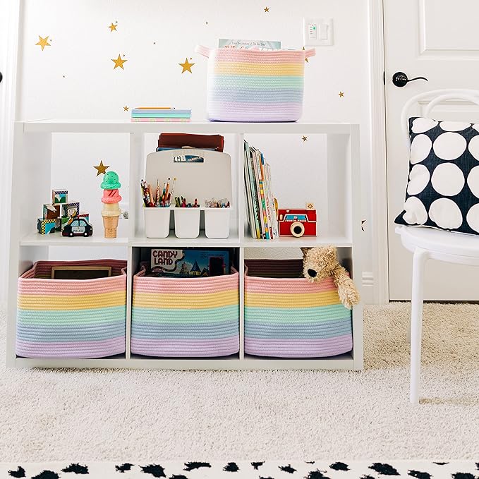 OrganiHaus Set of 3 Rainbow Woven Storage Baskets for Organizing, Cotton Rope Organizer Bins for Shelves, Closet & Nursery, Dog Toy Basket, Decorative Bins for Toys, Towels & Books - 15x10x9-Ruum Studio Home