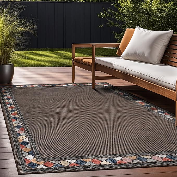 Beverly Rug Outdoor Rug 4x6 Modern Bordered Area Rugs for Indoor and Outdoor Patio Easy to Clean Non Shedding Living Room Porch Garden Washable Outside Carpet (4 x 6 Brown)-Ruum Studio Home