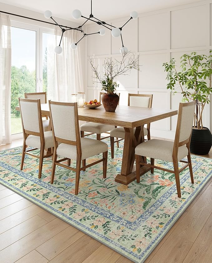 Wonnitar Boho Washable Rugs 8x10, Large Floral Rugs for Bedroom, 8 x 10 Soft Green Living Room Carpet, Non Slip Ultra-Thin Carpet for Kids Playroom Dorm Dining Room-Ruum Studio Home
