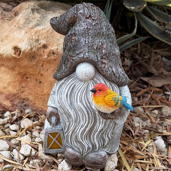 Mood Lab Garden Gnome - Stone Gnome Figurine - 9.1 Inch Tall Lawn Statue with Bird - for Outdoor or House Decor-Ruum Studio Home