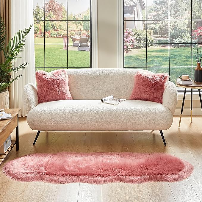 AMTOVO Faux Sheepskin Rug, Blush Pink Ultra Soft Fluffy Shag Area Rug, 2 x 6 ft Faux Fur Rug for Bedroom Sofa Throw Cushion Room Decor, Sheepskin-Ruum Studio Home