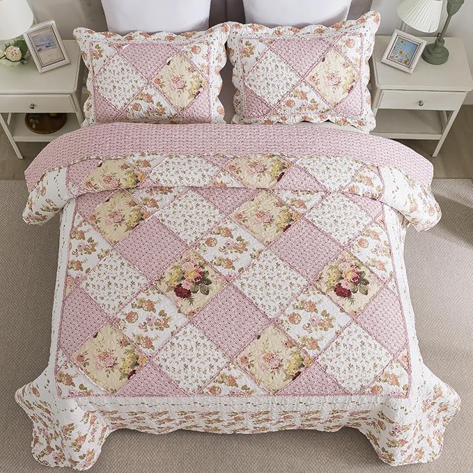 NEWLAKE Quilt Set Queen Size, Bedspread Sets Pink Botanical Floral, Reversible Quilt Bedding Set Lightweight and Breathable for All Seasons, Soft Quilted Bedspread with 2 Pillow Shams-Ruum Studio Home