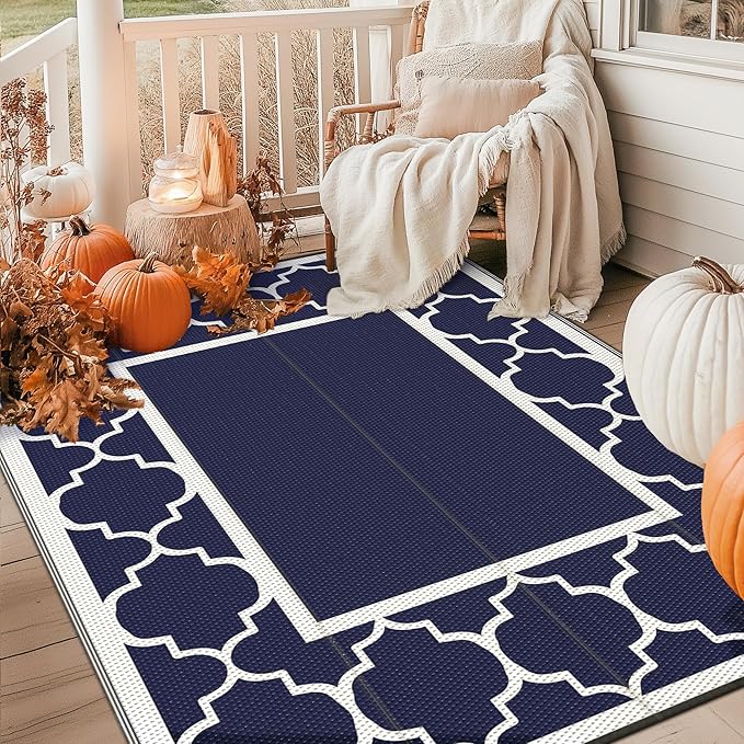 GENIMO 5' x 8' Outdoor Rug Waterproof for Patio Fall Decor, Foldable Reversible Plastic Straw Area Rugs Mat for Camper, Outside Carpet for Rv, Deck, Porch, Picnic, Beach, Balcony, Blue & White-Ruum Studio Home