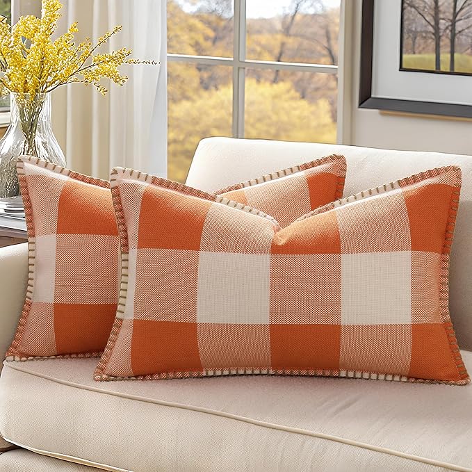 decorUhome Fall Orange and White Decorative Throw Pillow Covers 12x20 Set of 2, Lumbar Buffalo Plaid Check Farmhouse Cushion Covers with Stitched Edge for Autumn Harvest Couch Sofa Bed Home Decor-Ruum Studio Home