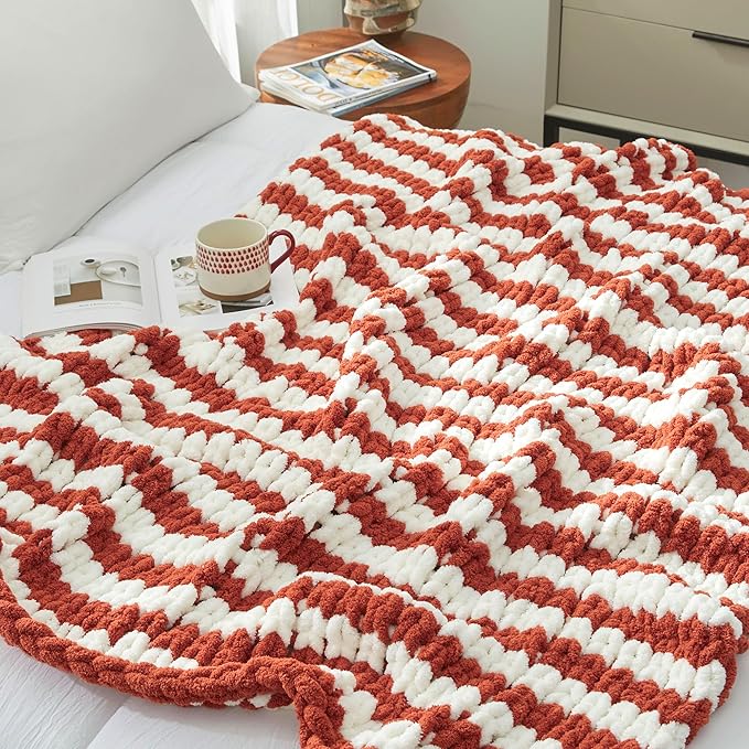 Amélie Home Chunky Knit Throw Blanket for Couch, Soft Chenille Crochet Blanket for Sofa, 50"x60", Burnt Orange & White Striped-Ruum Studio Home