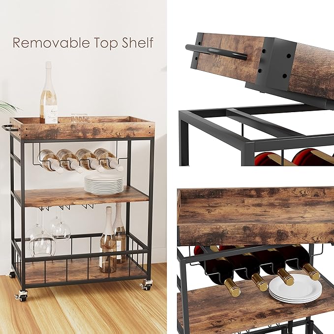 Bar Cart Serving Wine 3 Tier Home Rolling Rack with Wheels Mobile Kitchen Industrial Vintage Style Wood Metal Serving Trolley Serving Cart,Glass Holder Bar Cabinet-Ruum Studio Home