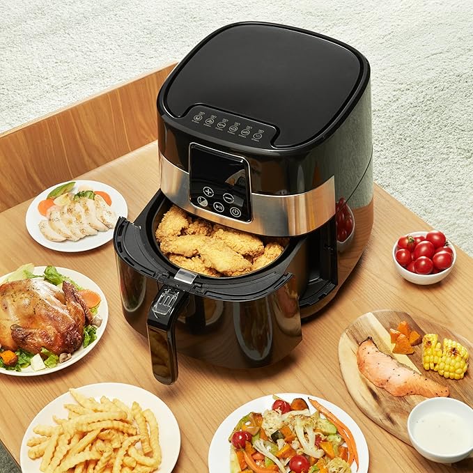 Amazon Basics 3.2 Quart 6-In-1 Air Fryer (Fry, Crisp, Roast, Bake, Reheat, Dehydrate), Non-Stick, with Timer, Auto Shut-Off, Digital Touch Screen, 180-400°F, 1400W, Black/Silver-Ruum Studio Home