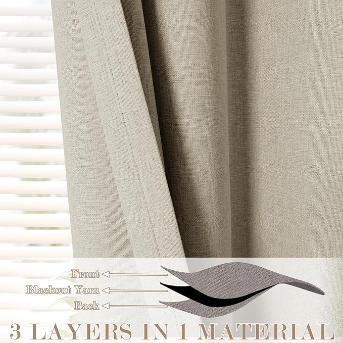 Beige Pinch Pleat 100% Blackout Drapes Linen Blend, Room Divider, Room Darkening, Energy Saving, Furniture Protecting, Light Blocking Extra Wide Privacy Curtains, 200Wx108L, 1 PC-Ruum Studio Home