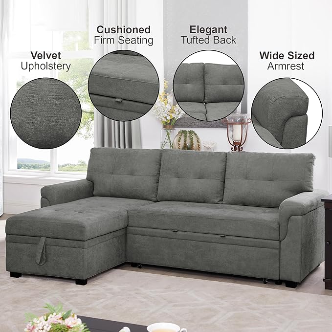Naomi Home Transform Any Space: Sleeper Sectional Sofa with Convertible Sofa Bed & Inviting Chaise. Find Tranquil Comfort with Stress-Relieving Design & Durable Cushions - Gray/Velvet-Ruum Studio Home