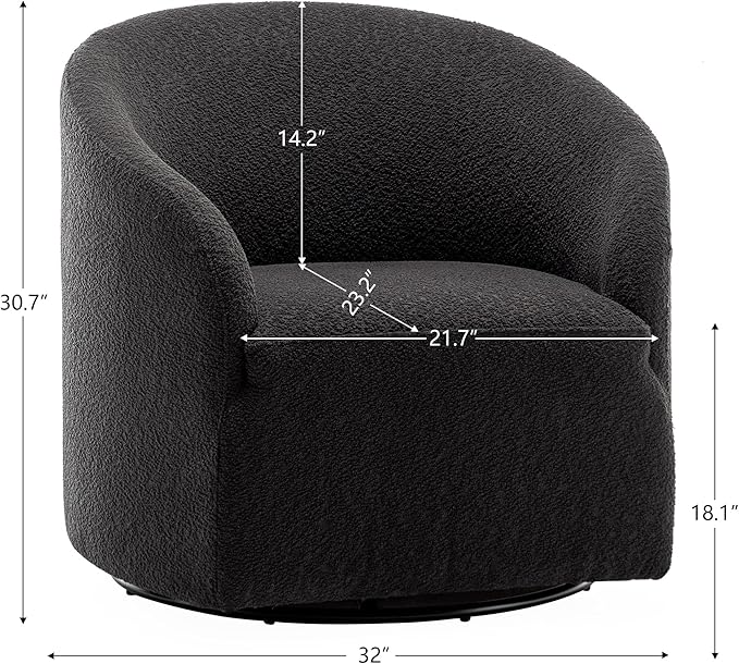 KINWELL 32" Wide Modern Boucle Swivel Barrel Chair, No Assembly Round Upholstered Swivel Accent Armchair for Living Room, Bedroom, Office (Black)-Ruum Studio Home