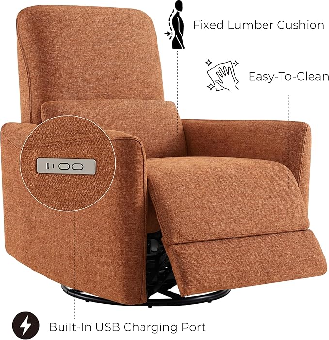 CHITA Power Recliner Chair Swivel Glider, FSC Certified Fabric Living Room Nursery Reclining Sofa Chair with Lumbar Support,Terracotta-Ruum Studio Home