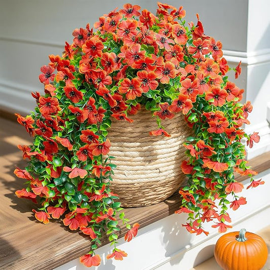 INSPRING Fall Fake Mums Artificial Flowers Hanging Decoration for Outdoors, 2Pcs Orange Daisy with Autumn Eucalyptus Leaves, Realistic Plants Decor, Silk Flower for Porch Patio Balcony Planter Yard-Ruum Studio Home