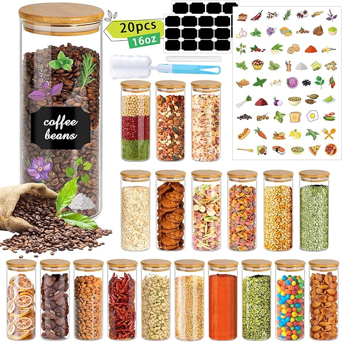 16 oz 20 pcs Glass Jars with Bamboo Lids, Stackable Clear Food Storage Jars, Airtight Kichen Glass Pantry Storage Containers with Lids for Rice, Candy, Sugar, Flour, Nuts, Cookie, Spice-Ruum Studio Home