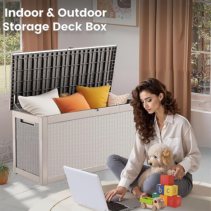 260 Gallon Storage Box, Waterproof Resin Deck Box with Steel Support & Hydraulic Rod, Lockable Storage Bench for Indoor & Outdoor Use, Storage Bin for Patio Cushions, Garden Tools, Grey-Ruum Studio Home