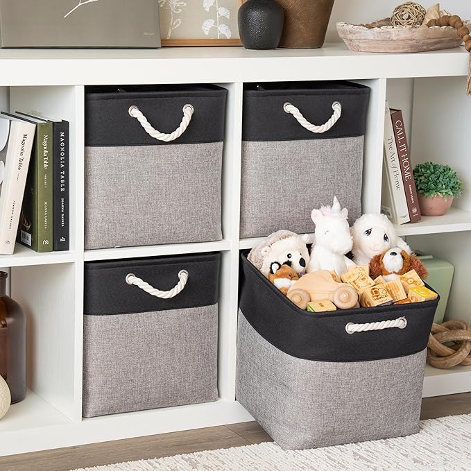 OrganiHaus 13x13 Cube Storage Bins 4 Pack, Foldable Cube Storage Organizer w/ Rope Handles, Collapsible Fabric Bins for Toys, Clothes & Closet Organization, Fabric Square Baskets - Gray/Black-Ruum Studio Home