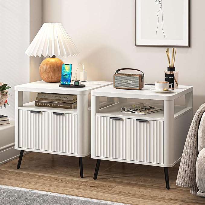 Nightstand Set of 2 with Charging Station, 24" End Table Side Table with Open Shelf, Modern Large Wood Fluted Bedside Cabinet for Bedroom, Living Room, White-Ruum Studio Home