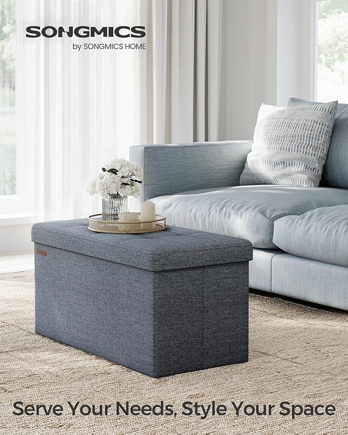 SONGMICS Mazie Collection - 30 Inches Folding Storage Ottoman Bench, Ottoman Foot Rest, End of Bed Bench, Storage Chest, Load 660 lb, for Living Room, Bedroom, Entryway, Misty Blue ULSF047Q01-Ruum Studio Home