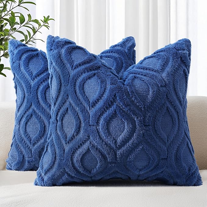 decorUhome Fall Throw Pillow Covers 16x16 Inch Set of 2, Soft Plush Decorative Faux Fur Dark Blue Solid Couch Pillow Covers, Accent Farmhouse Neutral Square Euro Pillow Cases for Sofa Bed Living Room-Ruum Studio Home