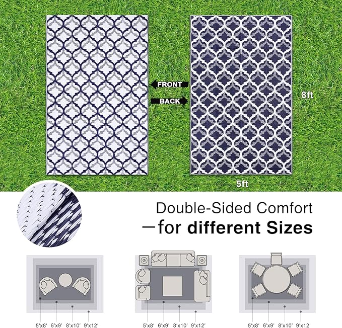 OLANLY Reversible Outdoor Rug 5x8 ft Clearance, Waterproof Outdoor Plastic Straw Rug with Interlacing Pattern, RV Mat for Patio, Camping, Balcony, Deck, Backyard, Navy & White-Ruum Studio Home