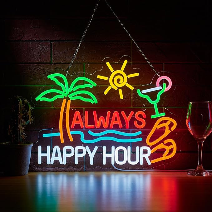 Always Happy Hour Beer Bar Neon Sign for Wall Décor Dimmable USB LED Neon Light for Home Tiki Bar Decor Man Cave Parties Gift-Ruum Studio Home