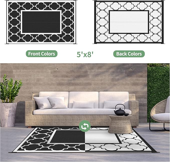 GENIMO 5' x 8' Outdoor Rug Waterproof for Patio Decor, Foldable Reversible Plastic Straw Area Rugs Mat for Camper, Outside Carpet for Rv, Deck, Porch, Picnic, Beach, Balcony, Black & White-Ruum Studio Home