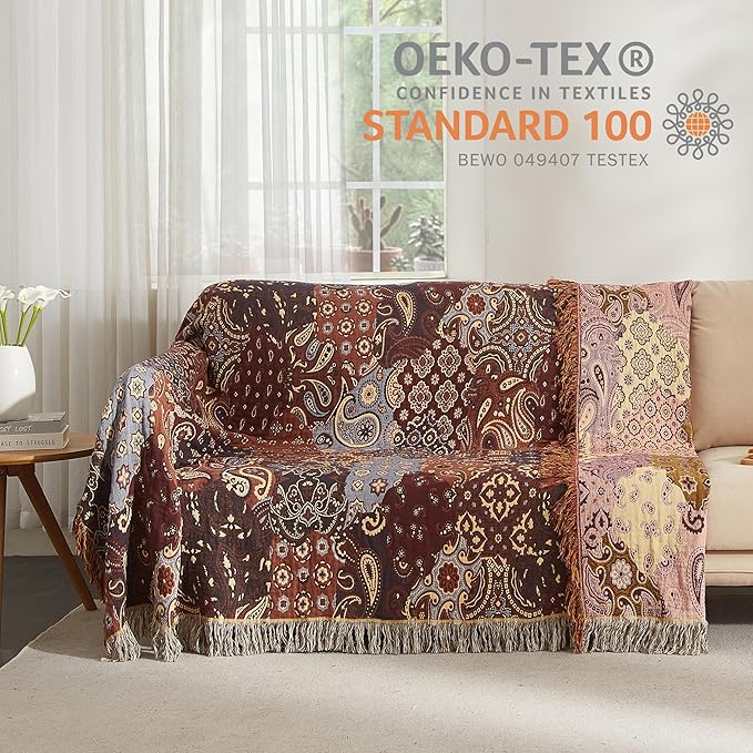 Boho Throw Blanket for Bed 60”x80”, 100% Cotton Woven Blanket for Couch Sofa, Ultra Soft 4-Layer Muslin Quilt with Patchwork Floral Printed, Farmhouse Bed Blanket/Cover for Living Room Decor-Ruum Studio Home