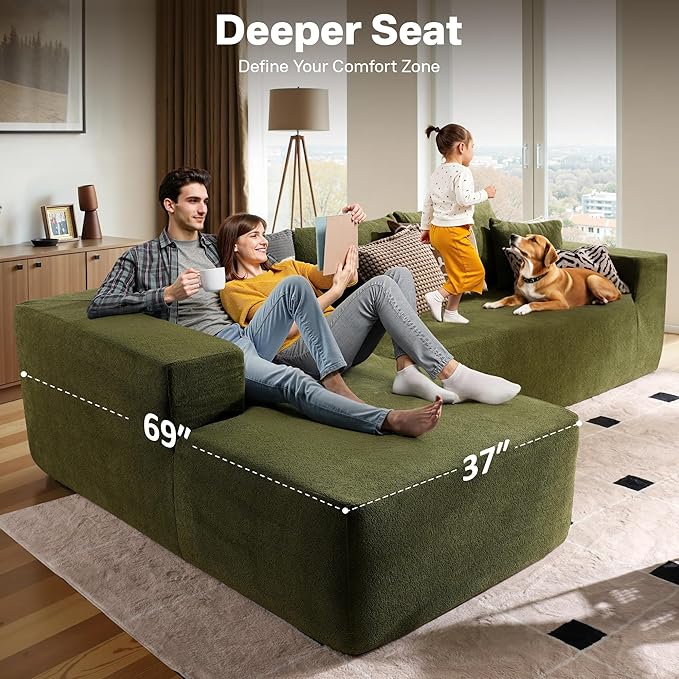 104" Cloud Sectional Couches for Living Room,L Shaped Boneless Couch in A Box,Sleeper Sofa with Comfy Chaise No Assembly Required,Green-Ruum Studio Home