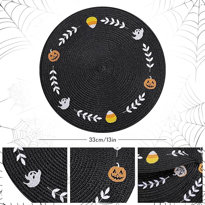 Whaline 4Pcs Round Halloween Placemats Embroidered Ghost Pumpkin Candy Corn Place Mats Black Spooky Dinner Table Mats for Halloween Party Decor-Ruum Studio Home
