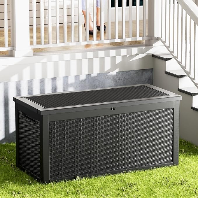 320 Gallon Resin Deck Box, Waterproof Outdoor Storage Bin for Patio Furniture, Pool Accessories, and Garden Tools, Lockable & UV-Resistant, Black-Ruum Studio Home