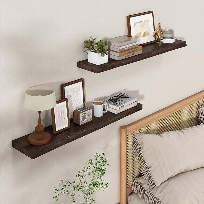 Axeman 36 inch Floating Shelves for Wall - 8'' D Live Edge Rustic Solid Elm Wood Floating Shelves Wall Mounted, Wall Shelves with Invisible Bracket for Living Room Bedroom Kitchen, Set of 2 Walnut-Ruum Studio Home