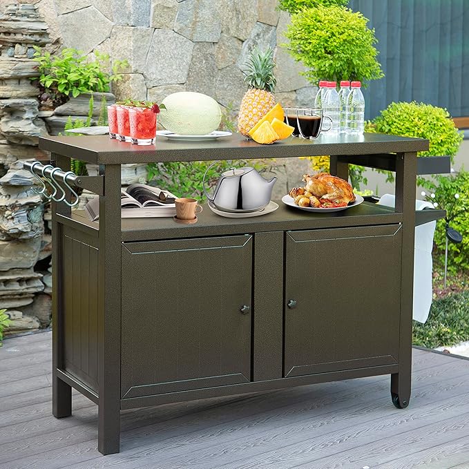 Domi Grill Carts Outdoor with Storage and Wheels, Whole Metal Portable Table and Storage Cabinet for BBQ,Deck,Patio,Backyard (Brown, L45xW20.31xH35.51 Inch)-Ruum Studio Home