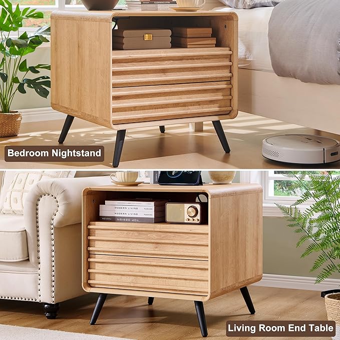 RedLemon 24" Nightstand Set of 2 with Charger Station, Mid Century Modern Fluted End Table with 2 Drawers, Wooden Side Table with Open Cubby Storage for Living Room, Bedroom, Office(Natural Oak)-Ruum Studio Home