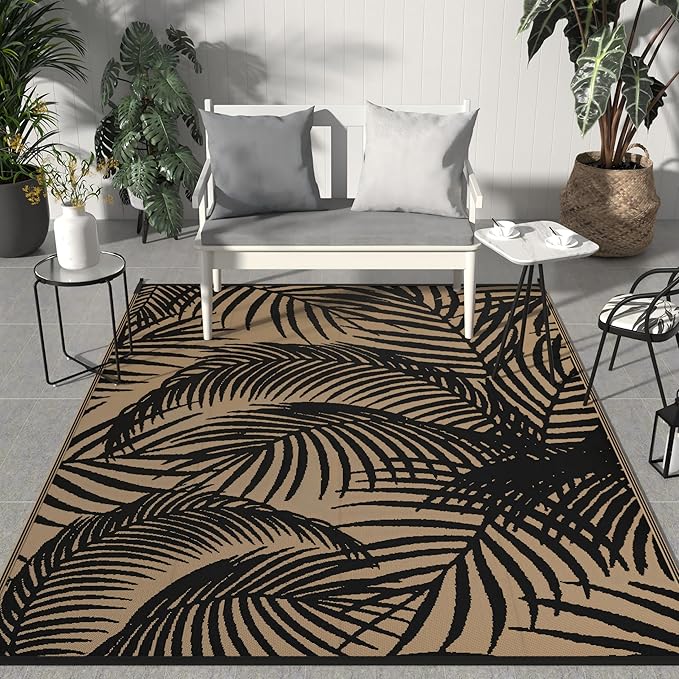 GENIMO Outdoor Rug 5' x 8' Waterproof for Patio Clearance, Reversible Plastic Straw Camping Carpet, Lightweight Mats for Rv, Backyard, Deck, Porch, Picnic, Beach, Balcony, Black & Brown-Ruum Studio Home
