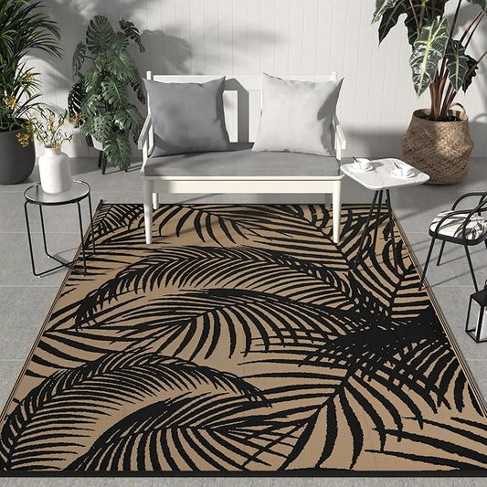 GENIMO Outdoor Rug 5' x 8' Waterproof for Patio Clearance, Reversible Plastic Straw Camping Carpet, Lightweight Mats for Rv, Backyard, Deck, Porch, Picnic, Beach, Balcony, Black & Brown-Ruum Studio Home