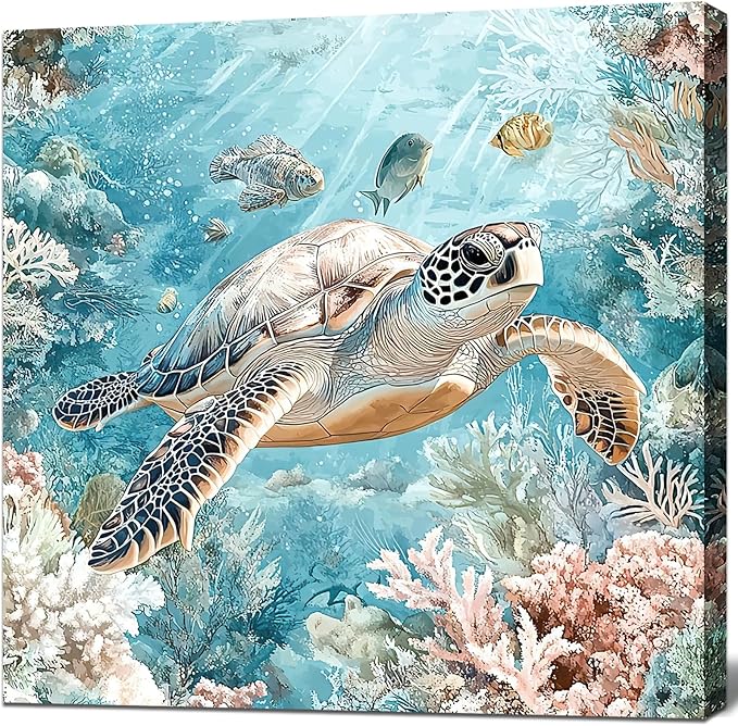 Sea Turtle Bathroom Wall Decor Ocean Theme Framed Canvas Wall Art Coastal Nautical Prints Picture Watercolor Coral Marine Life Painting for Kid Bedroom Living Room Home Decoration 14x14”-Ruum Studio Home