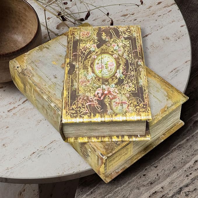 Decorative Book Box Set of 2, Trinket Keepsake Storage Boxes Shaped Storage Box Vintage Style Decorative Book Boxes Antique Books for Decoration Medal Pattern-Ruum Studio Home