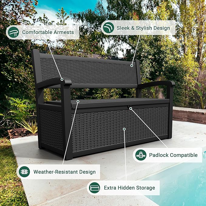 70 Gallon Outdoor Storage Box, Resin Patio Furniture with Armrest, Lockable Deck Box with Waterproof and UV Resistant for Patio Cushions, Garden Tools and Pool Supplies, Black-Ruum Studio Home