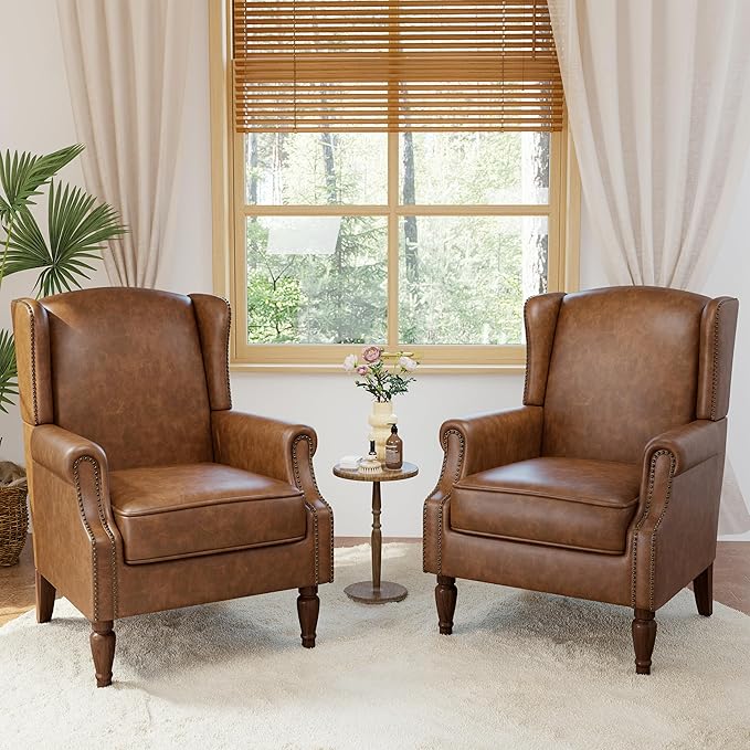 Accent Chairs, Faux Leather High Back Armchair setof 2 or Living Room, Comfy Upholstered Single Sofa Reading Chairs with Solid Wood Legs for Office, Bedroom, Waiting Room-Leather Brown-Ruum Studio Home