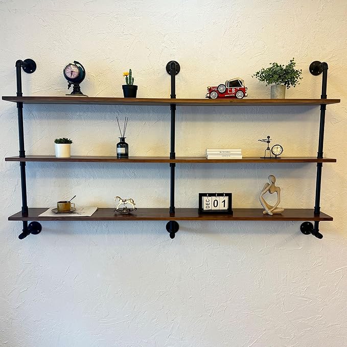 ROGMARS Industrial Pipe Wall Shelves Pipe Shelving with Real Wood Plank,70 Inches Floating Shelves for Wall Farmhouse Pipe Book Shelves Dark Brown 3Tier for Kitchen,Living Room Decor and Bar Shelving-Ruum Studio Home