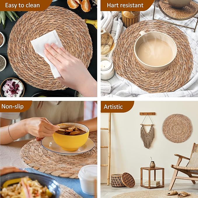 Defined Deco Woven Placemats Set of 10,13.5" Round Rattan Placemats,Farmhouse Weave Rustic Braided Wicker Table Mats for Dining Table Home Wedding-Ruum Studio Home