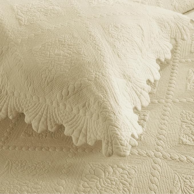MarCielo 3-Piece 100% Cotton Oversized Bedspread Lightweight Quilt Coverlet Embroidery Farmhouse Bedding Set (Tk Beige Khaki, Oversized Queen (100"x106"))-Ruum Studio Home