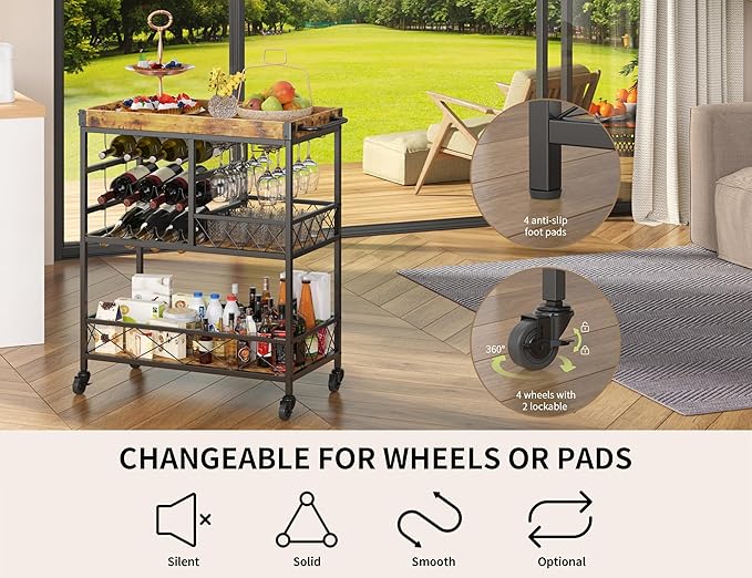Gizoon Bar Cart, 3 Tier Coffee Cart with Lockable Wheels, 12-Bottle Wine Rack, and Hanging Glass Holder, Kitchen Rack with Removable Tray, for Kitchen, Dining Room, Entertaining, Club Party,Retro-Ruum Studio Home