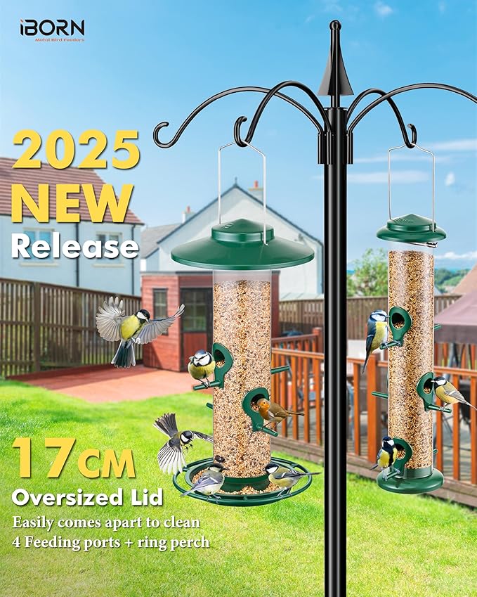 iBorn Bird Feeders for Outdoors, 2LB Metal Bird Feeders 17cm Large Roof &Tray, 4 Feeding Ports, Green Finish-Ruum Studio Home